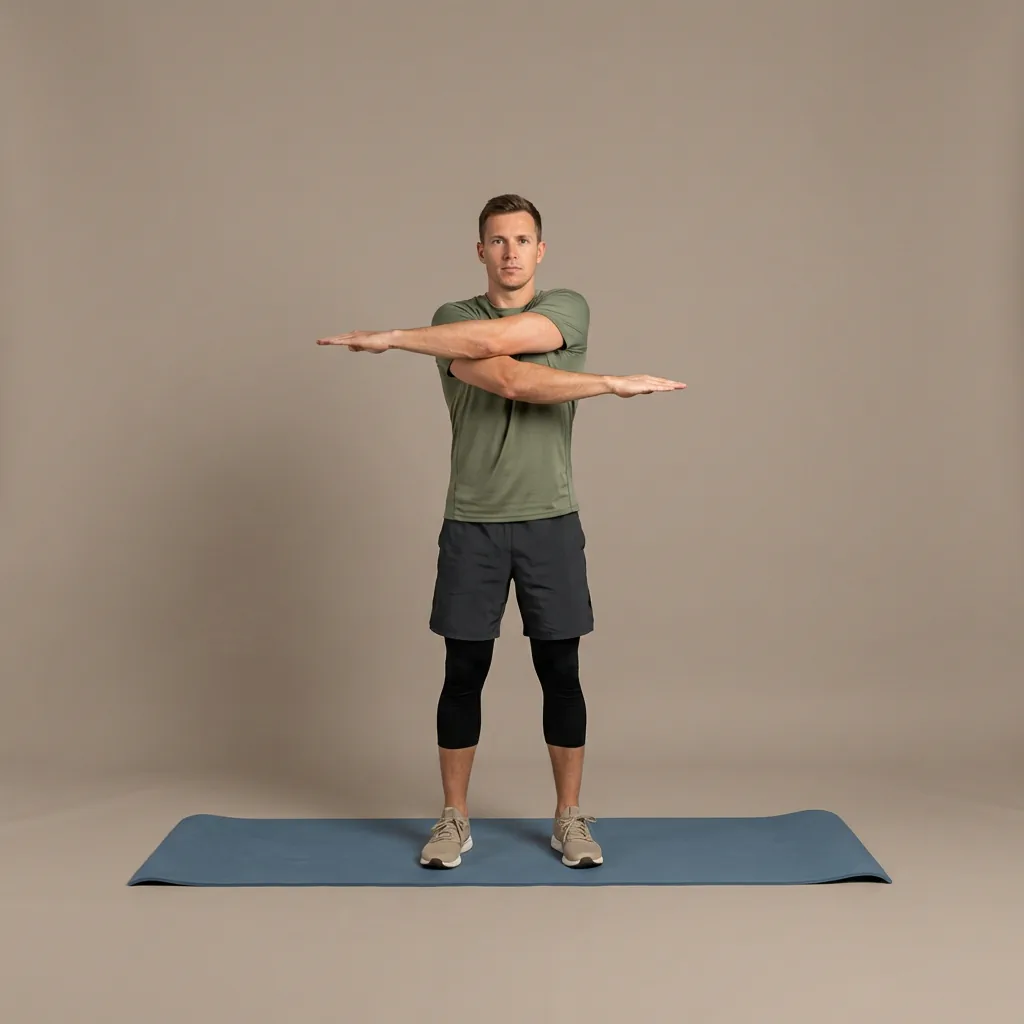 A person performing dynamic arm swings to warm up the shoulders