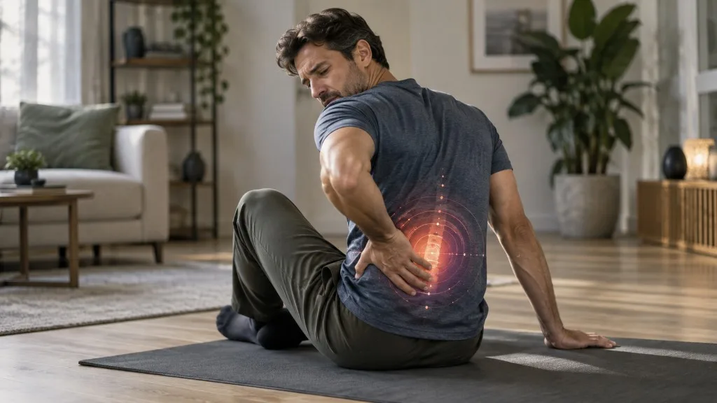 Adam yoga matında oturmuş belini tutuyor, bel bölgesi vurgulanmış