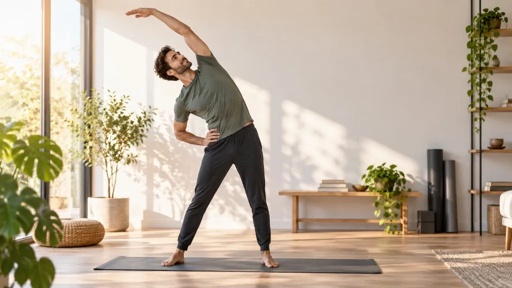 Adam, aydınlık bir oturma odasında yoga matı üzerinde ayakta yan esneme yapıyor