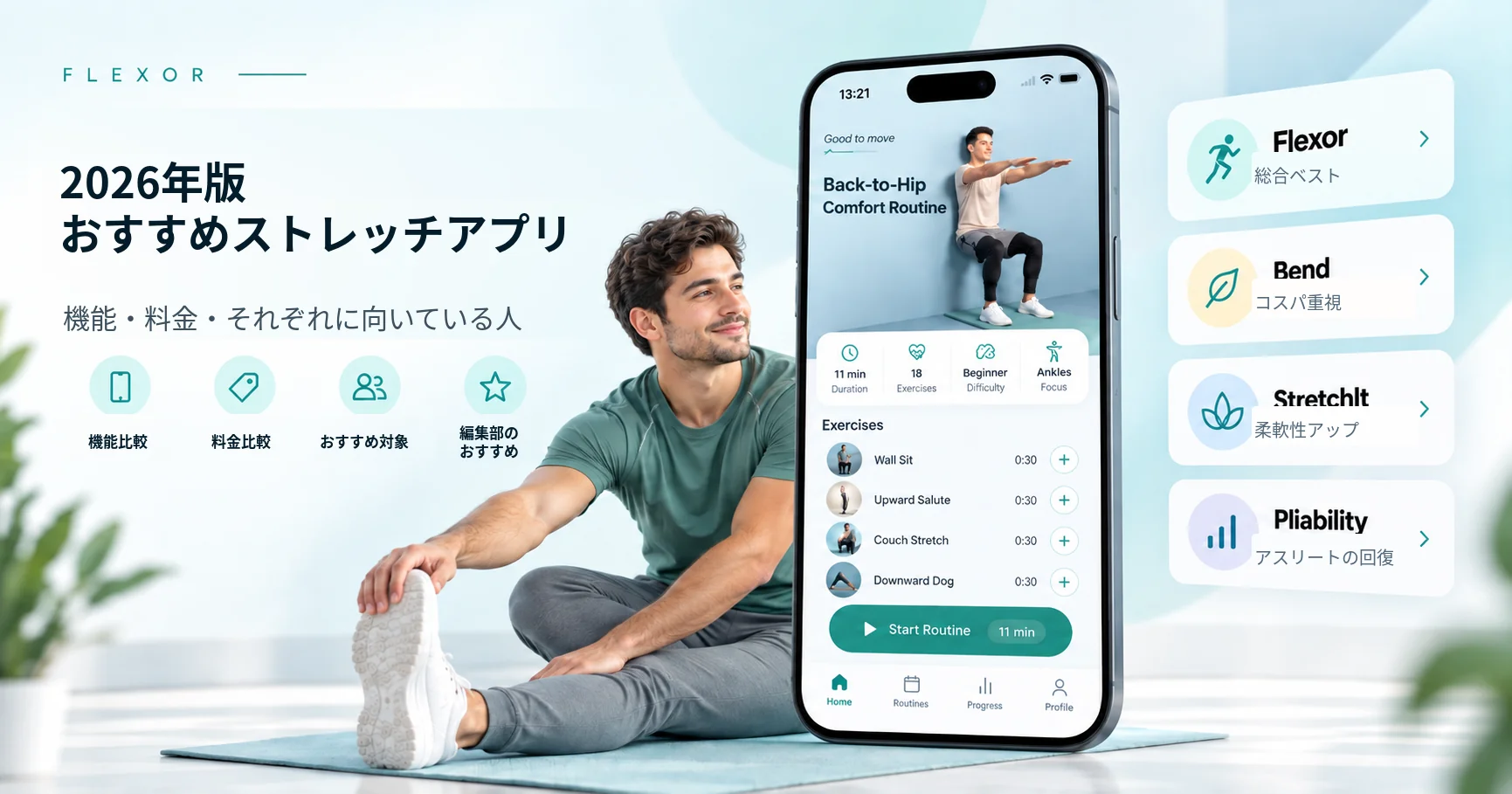 2026年版 おすすめストレッチアプリ. 機能・料金・それぞれに向いている人