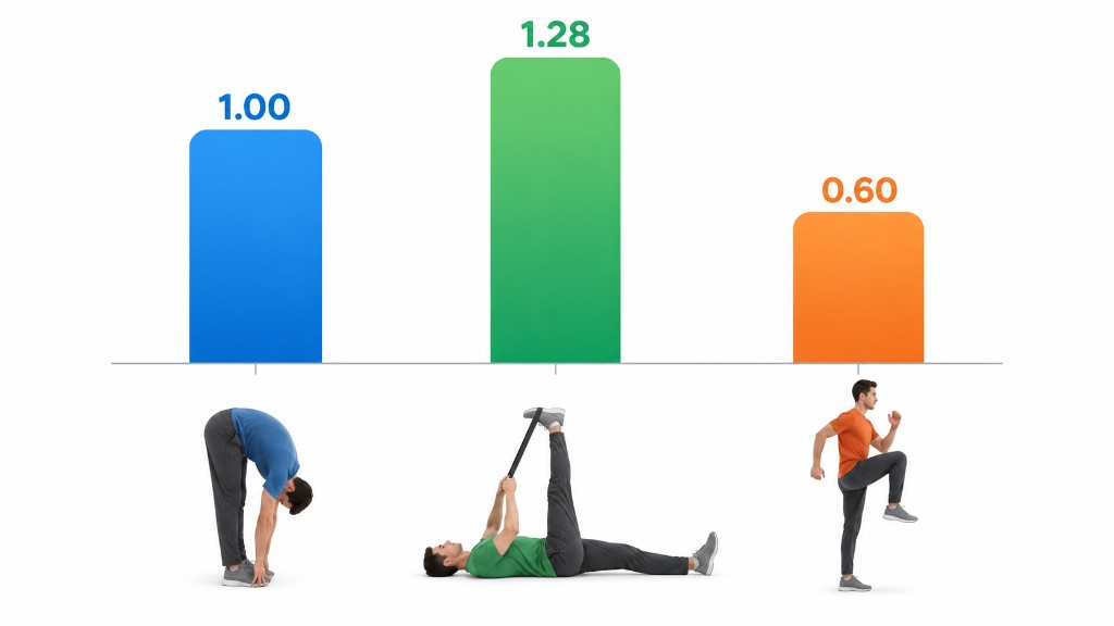 Üç çubuk: ayakta öne eğilme 1,00, kayışla hamstring esnemesi 1,28 ve dinamik adım 0,60
