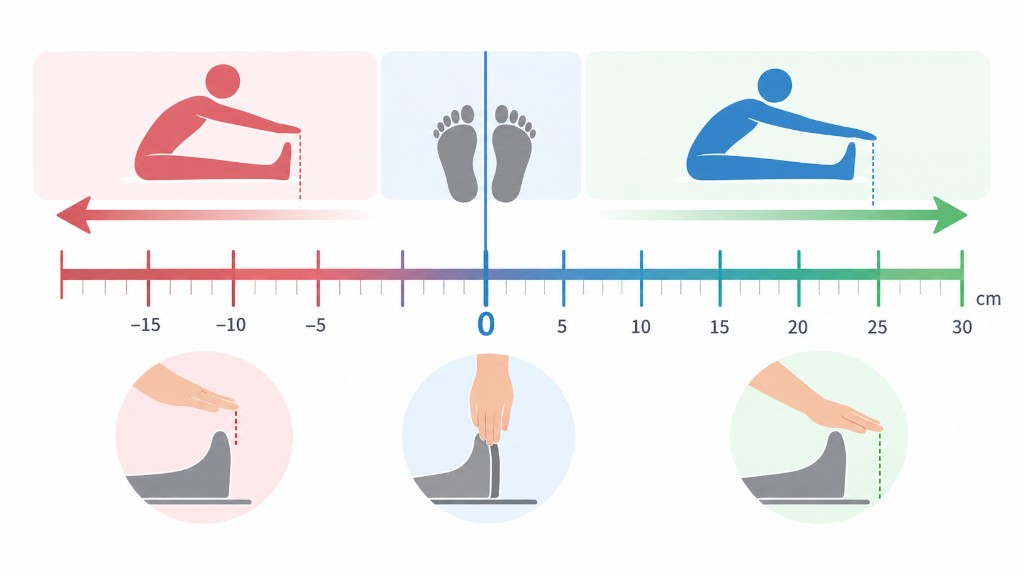 Negatif santimetreden 30’a sit-and-reach ölçeği; sıfır ayak parmaklarında, solda kısa erişim, sağda parmakları geçen erişim