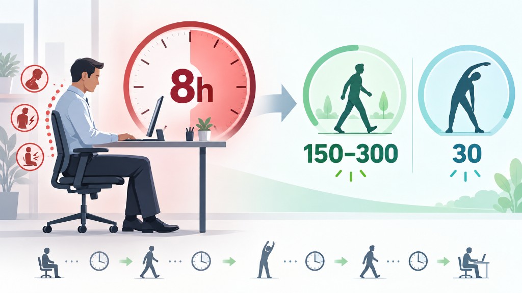 8 saat oturan bir kişi; boyun ve sırt işaretli, yanında 150-300 aktivite işareti ve 30 yazılı bir esneme