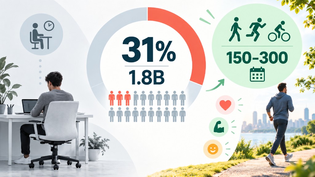 31 yüzde ve 1,8 milyar yazılı bir göstergenin yanında masa başındaki kişi; koşan biri ve 150-300 aktivite işareti