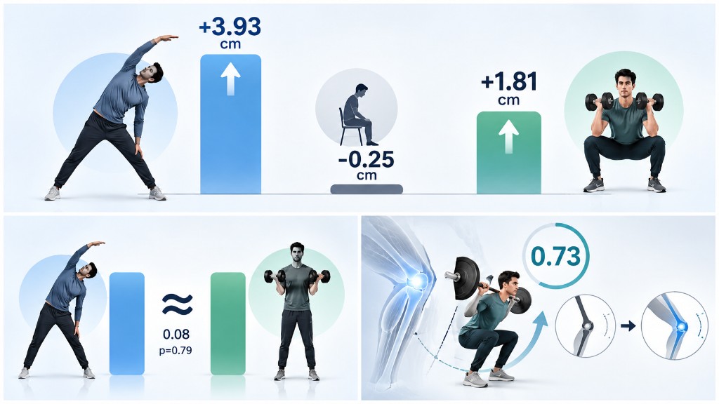 Yan esneme +3,93 cm, oturan kontrol −0,25 cm ve goblet squat +1,81 cm; diz şemalı bir squat üzerinde 0,73