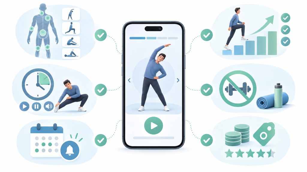 Un téléphone montrant un étirement, relié à des repères de zones du corps, un minuteur, un rappel de calendrier, un graphique de progrès, un tapis sans poids et des pièces avec des étoiles