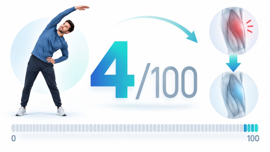 100 üzerinden 4 puanın yanında yan esneme çizimi; ağrıyan uyluk kası toparlanmaya doğru solar