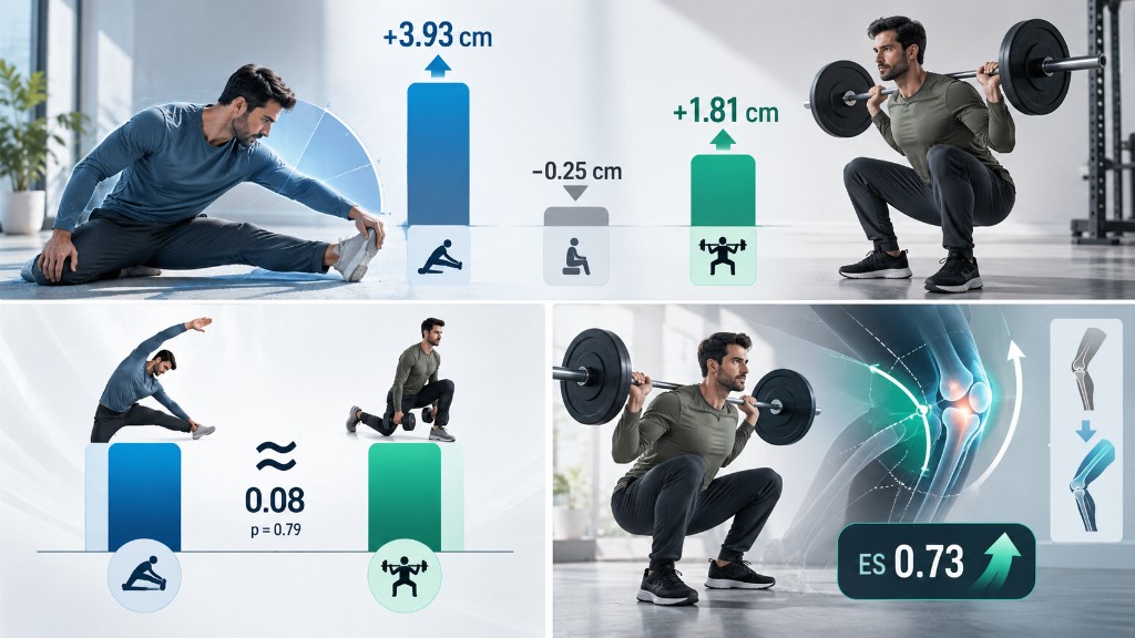 Oturarak esnemenin yanında +3,93 cm çubuğu, −0,25 cm kontrol çubuğu ve back squat’ın yanında +1,81 cm; 0,08 karşılaştırma ve 0,73 etki büyüklüğü