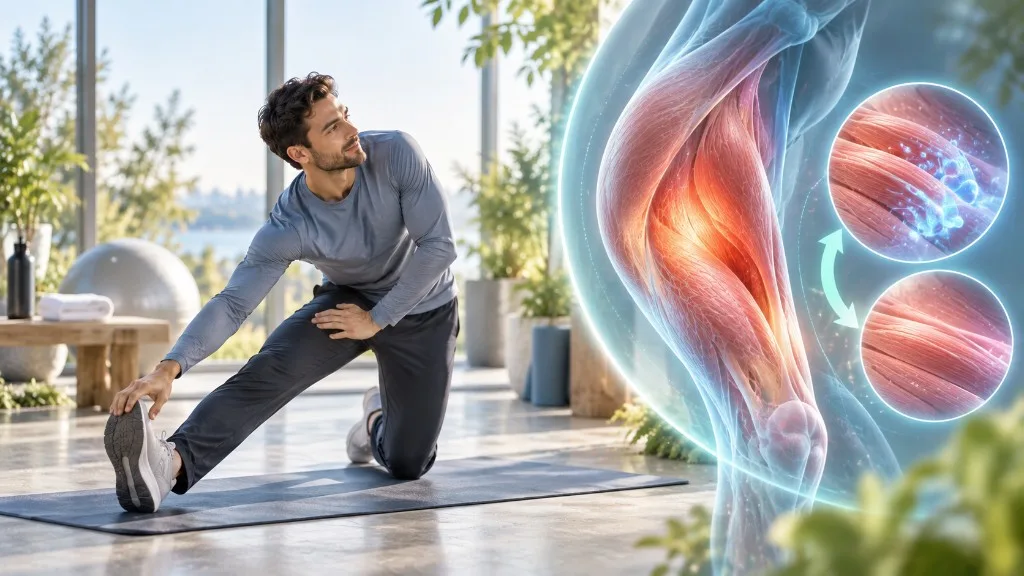 Anatomik bir bacak ve kas liflerinin yakın planı yanında diz üstünde hamstring esneten adam
