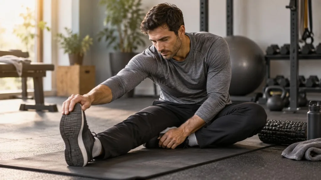Adam ev spor salonunda oturarak hamstring esnetmesi yapıyor, yanında bir foam roller var