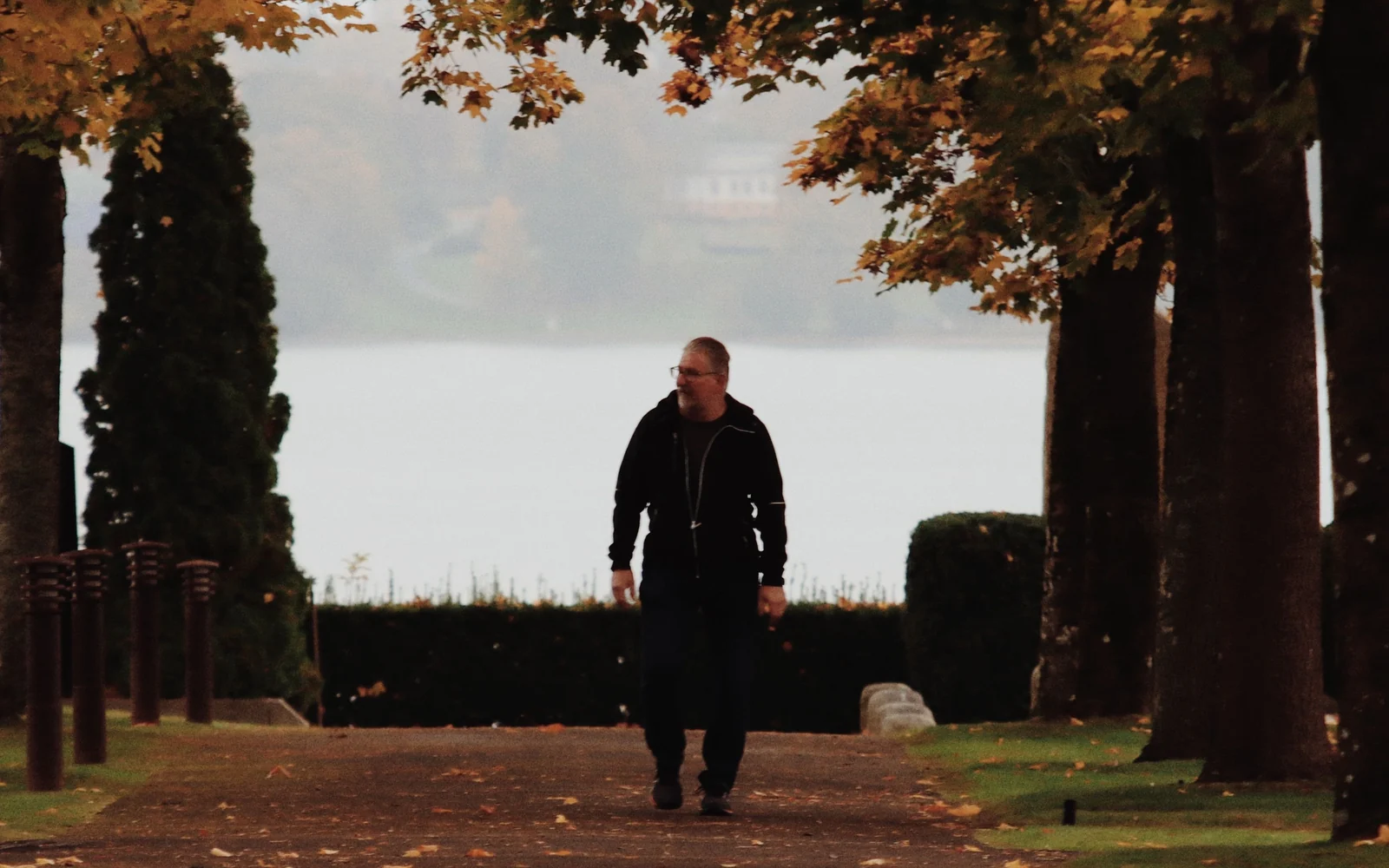 A man in a dark jacket and full-length trousers walks along an autumn avenue.