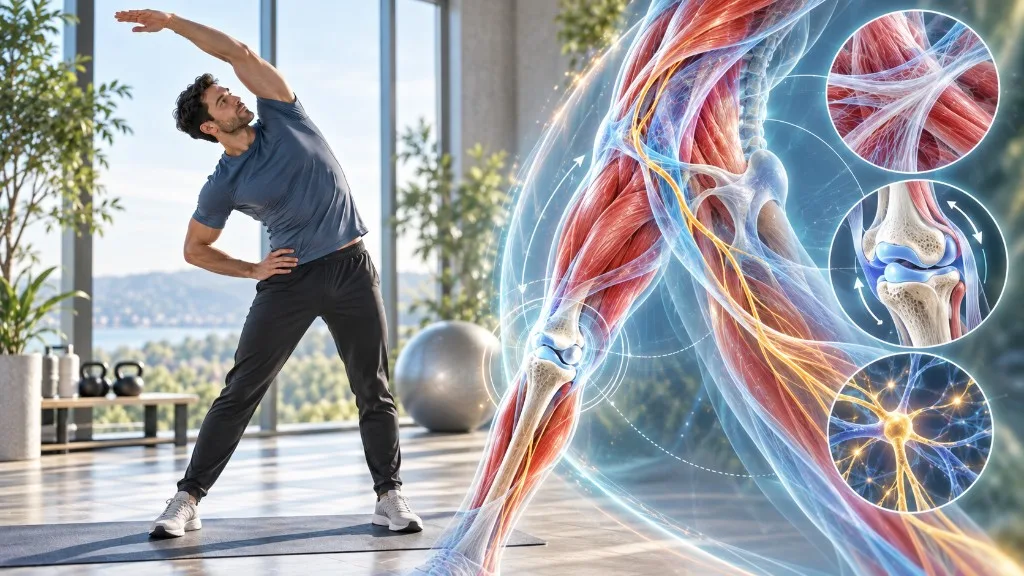 Bacağın anatomik görünümü ile kas, eklem ve sinir yakın planlarının yanında yan esneme yapan adam