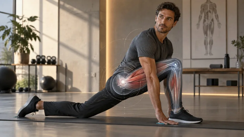 Adam, kalça ve uyluğun anatomik katmanı ile derin bir lunge pozunda