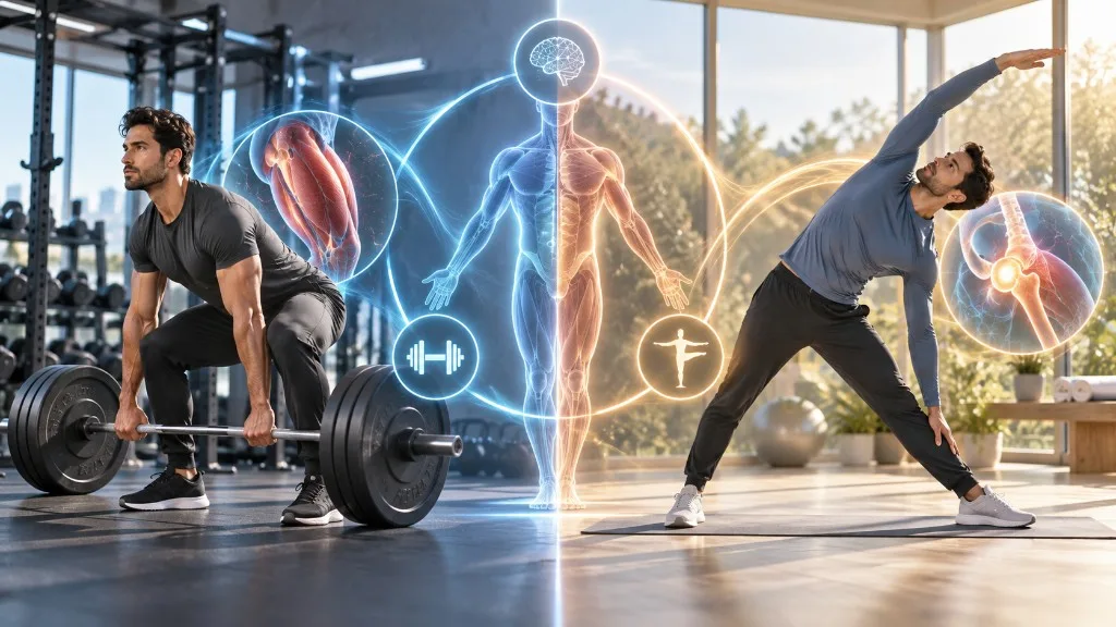 Halter deadlift’i ile yan esnemeyi holografik bir figürün birleştirdiği bölünmüş sahne