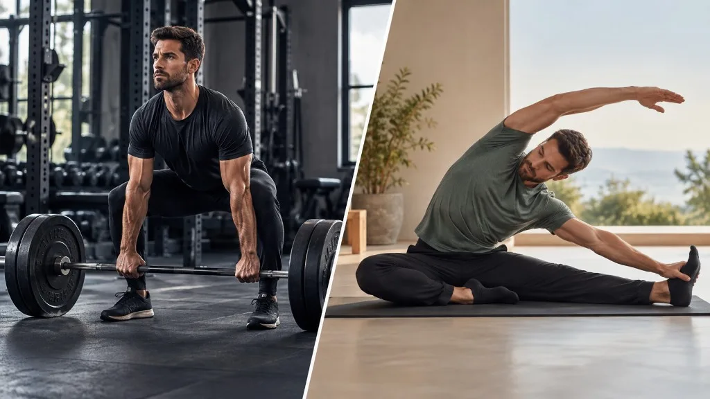 Spor salonunda halterle deadlift ve evde oturarak yan esnemenin bölünmüş sahnesi