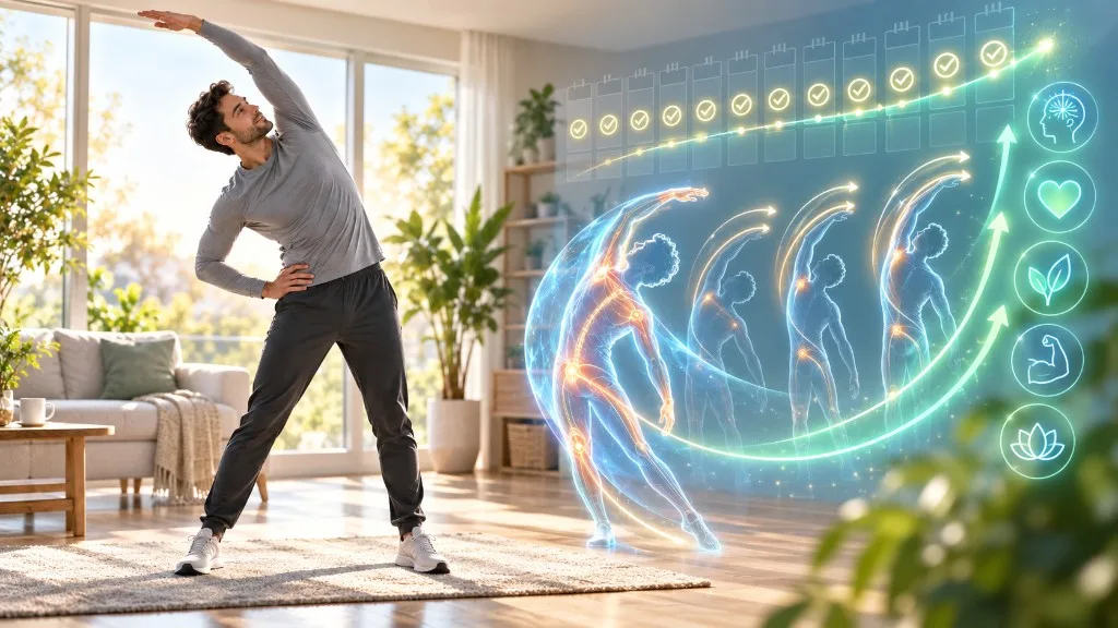 Seri takvimini ve hareketi izleyen figürleri gösteren hologramın yanında yan esneme yapan adam