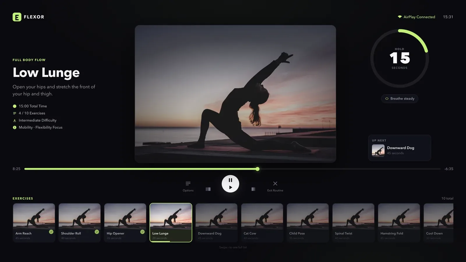 Flexor routine player displayed on a television with exercise timing and progress information