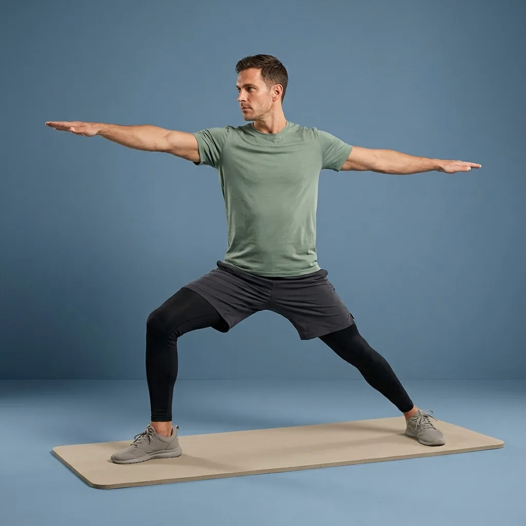 Warrior II stance in a guided session