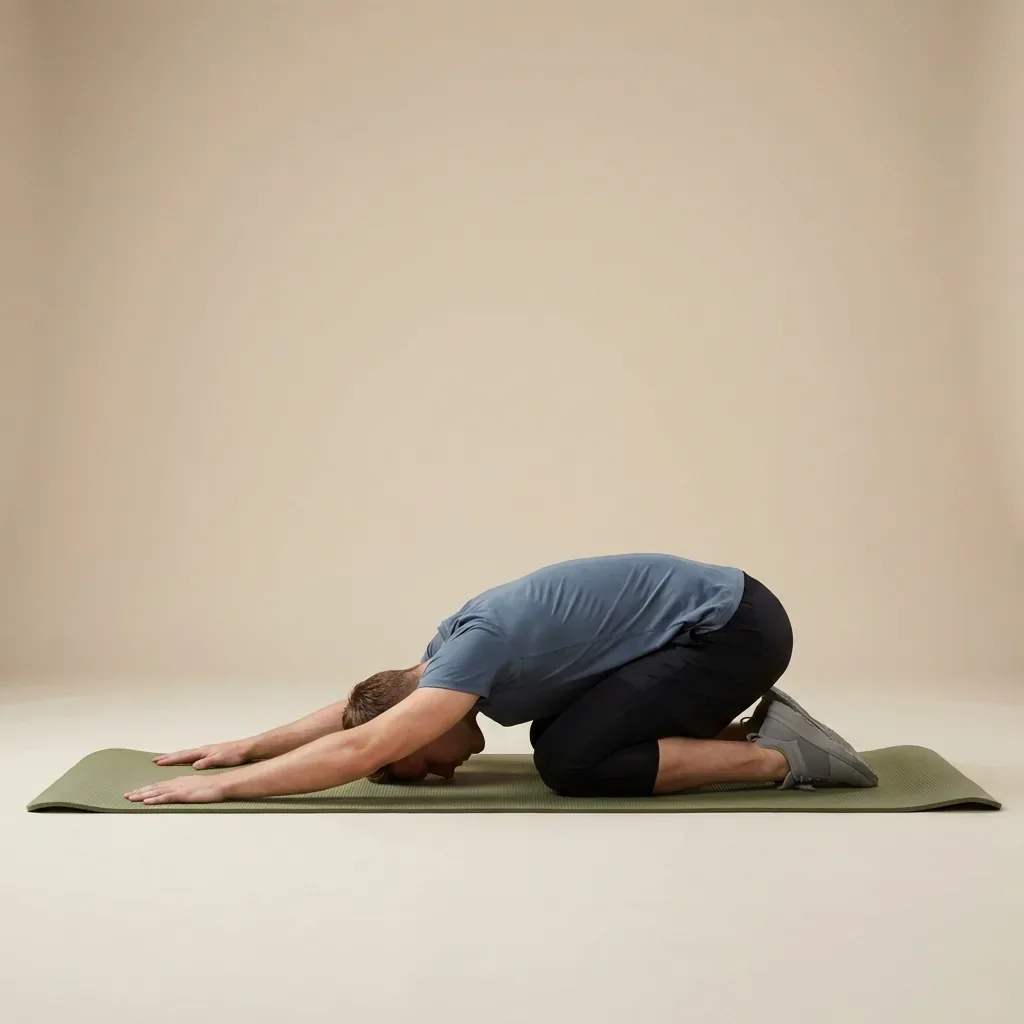 Person resting in a comfortable kneeling stretch on an exercise mat